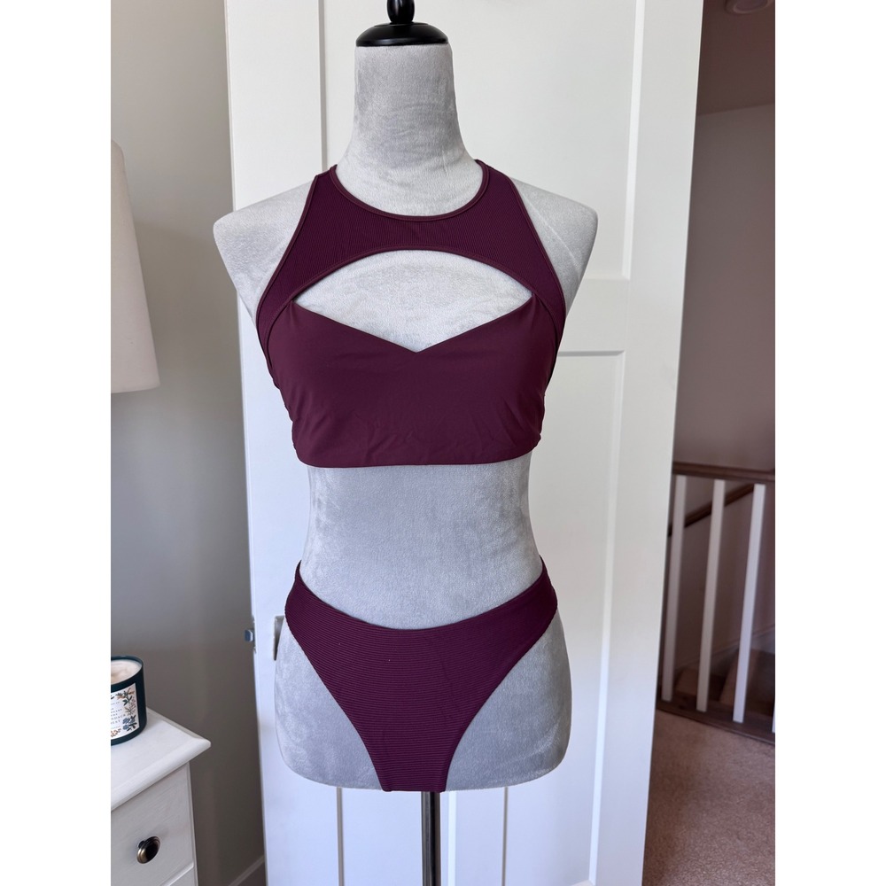 Boys + Arrows Burgundy Ribbed Cutout Racerback Bikini Set Wine Red Large L